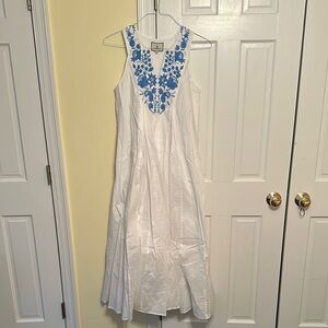 TUCKERNUCK White Cyprus Dress with Blue Embroidery